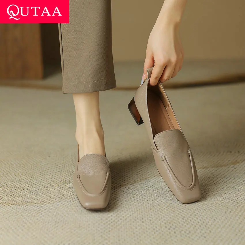 

QUTAA 2024 Office Lady Working Shoes Woman Summer Women Pumps Loafer Square Low Heel Genuine Leather Square Toe Size 34-39