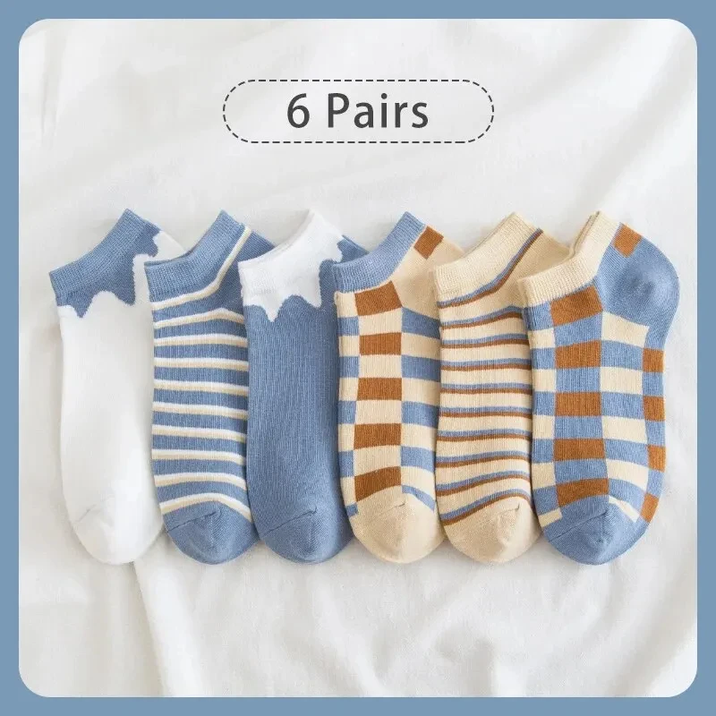 6 pairs of women's spring and summer seasonal striped plaid fashionable trend, simple and comfortable sports style socks