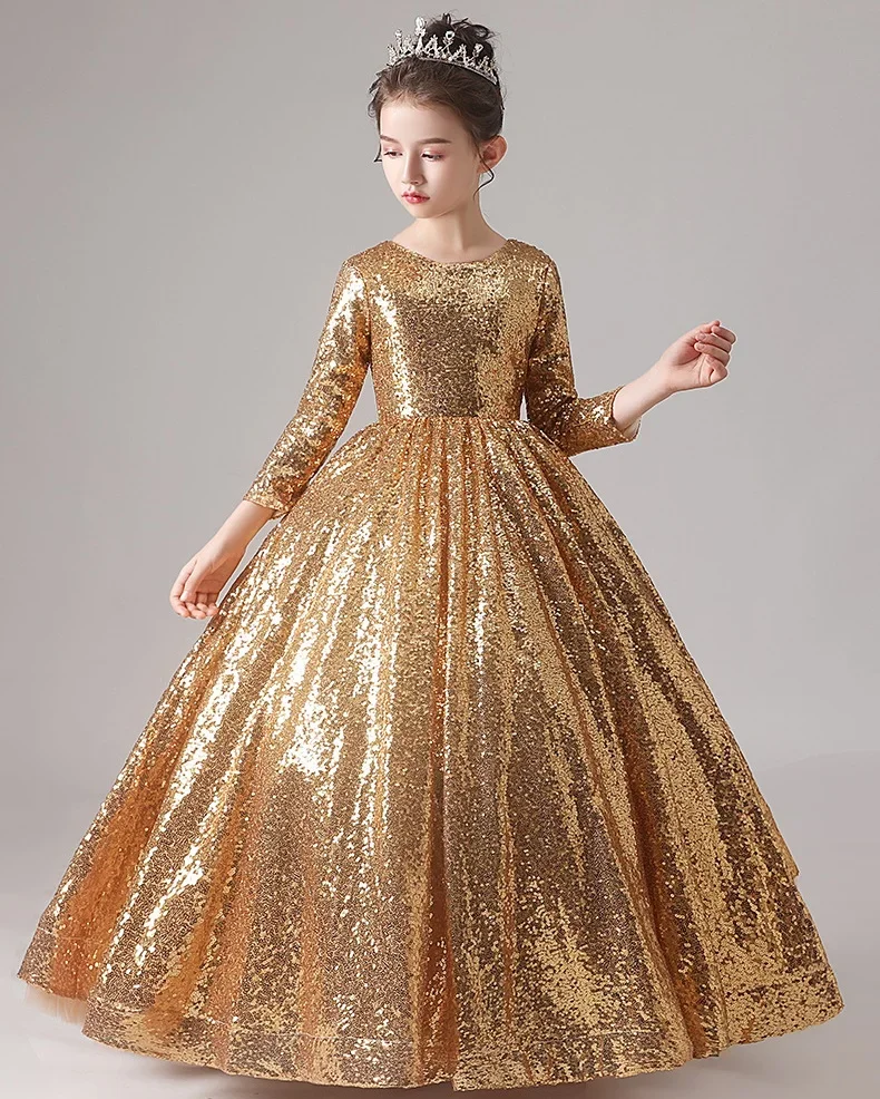 2-12yrs Teenage Girls Wedding Gold sequins Flower Girl Dress Princess Birthday Party Pageant prom Long Girl Dresses vestidos