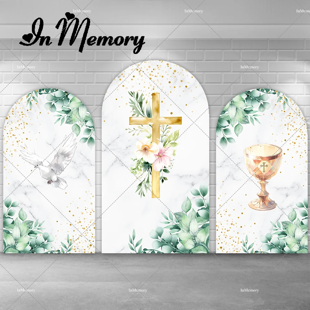 Kids Baptism First Holy Communion Arch Backdrop Cover Green Leaves Pigeon Gold Cross Grail Backgrounds Arched Banner Stands