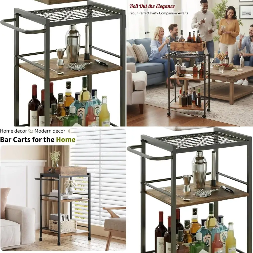 

3-Level Rolling Serving Cart with Removable Tray and Storage for Home Kitchen Use