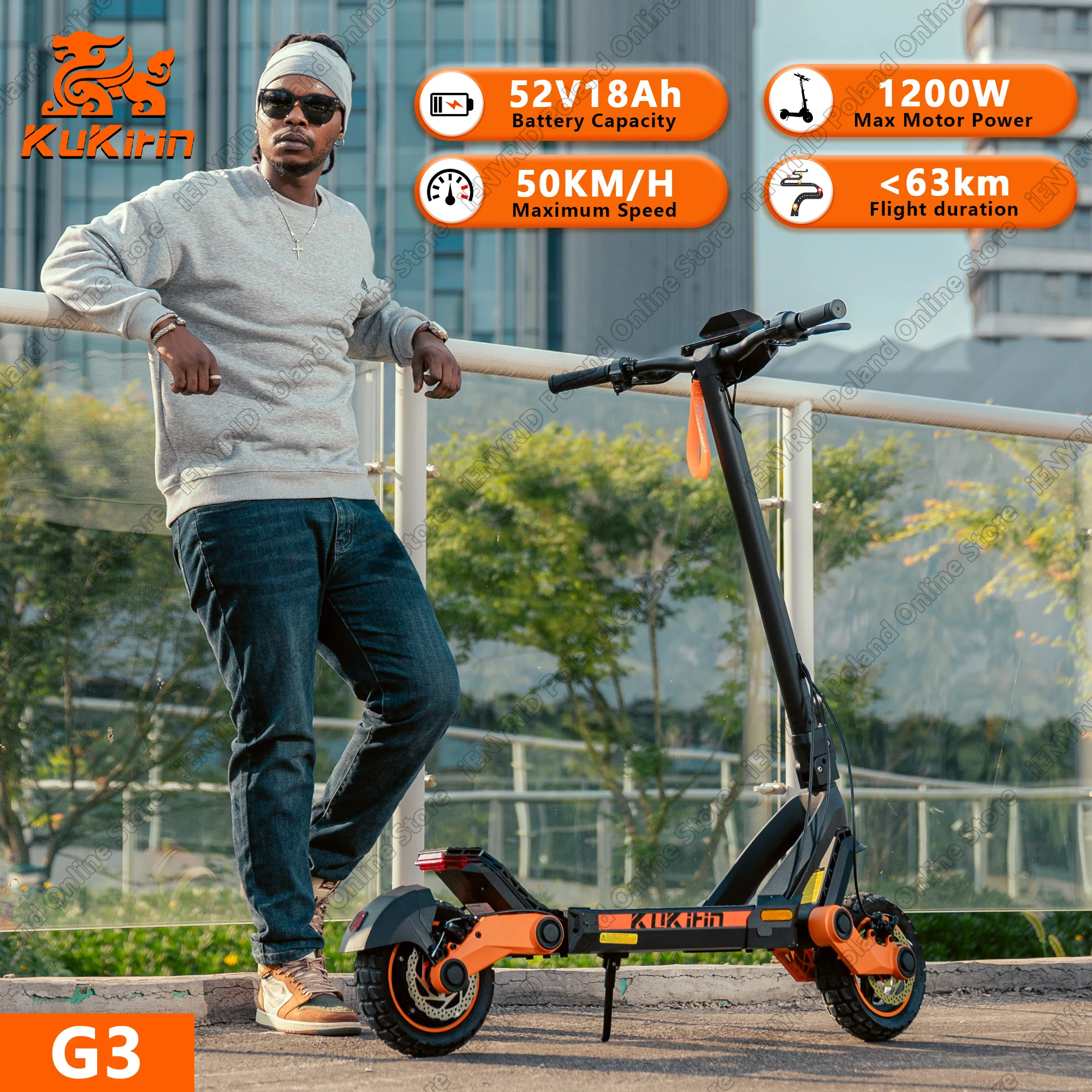 Scooter elettrico KuKirin G3, batteria motore 1200W 52V18Ah, portata 39 Max, scooter elettrico Top 31 MPH Pneumatici da 10 EScooter Touch Display