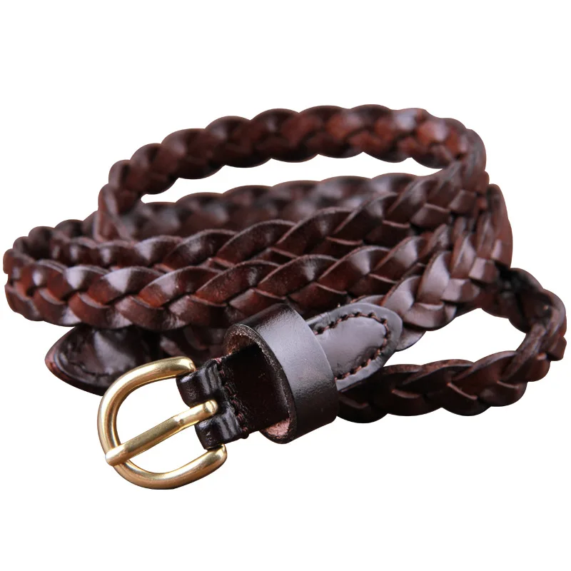Cinturón trenzado de cuero versátil para mujer, hebilla de pin de estilo coreano, cinturón de cuero fino, cinturón de piel de vaca con capa para la cabeza
