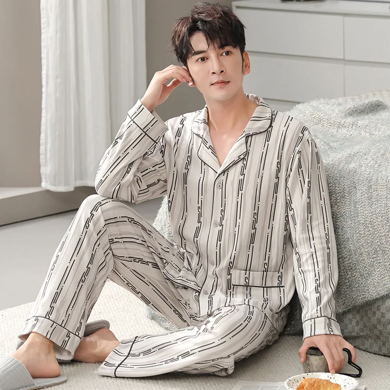 Men Autumn Winter Sleepwear Casual Cotton Pajamas Set 2Pcs Shirt&pants Nightwear Home Wear Long Sleeve Lapel Home Clothes