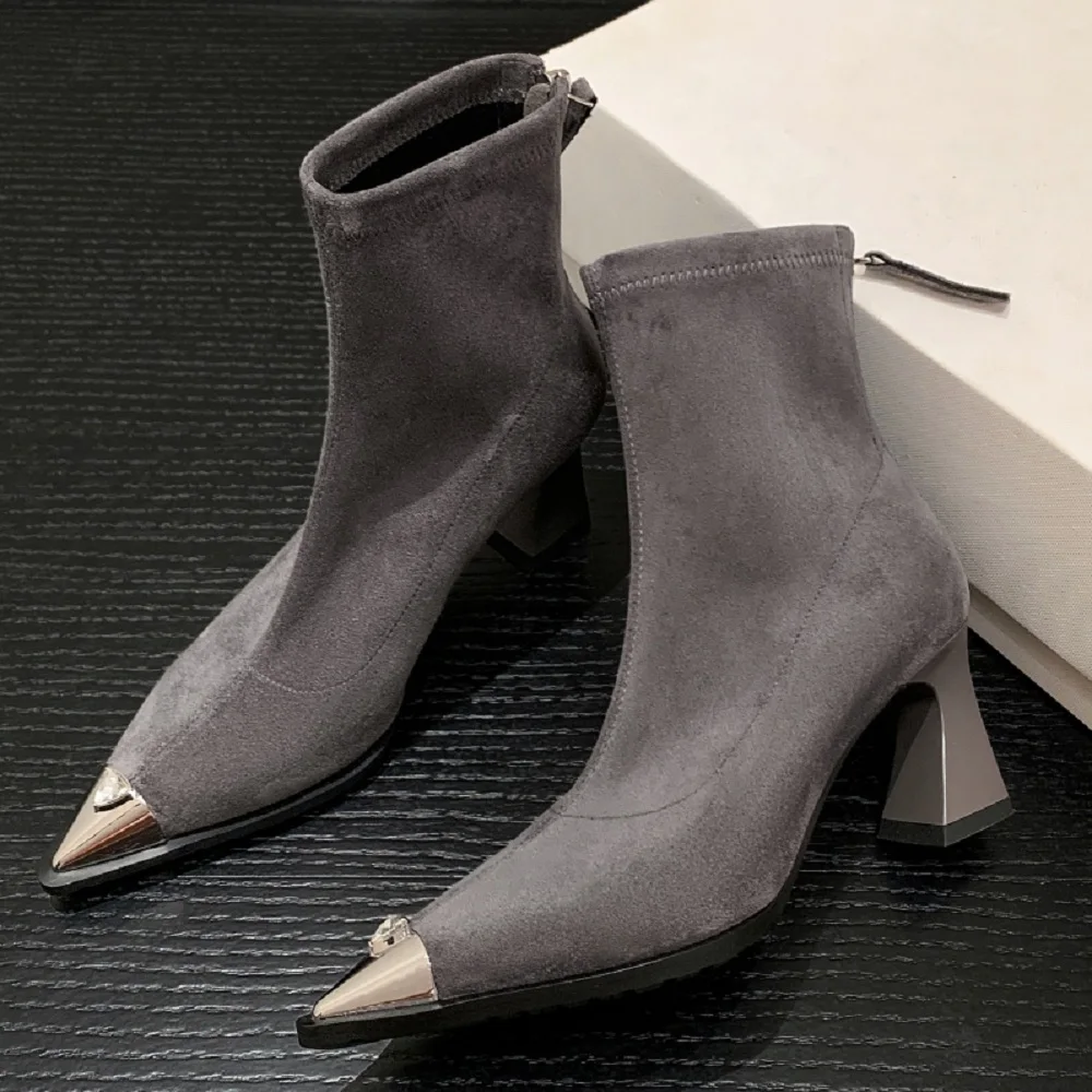 【JOCHEBED HU】أحذية نسائية قصيرة برأس معدني من الصوف بكعب عالٍ مرن للتخسيس حذاء من الجلد للخريف نمط جديد حذاء كاجوال 33-40 #4