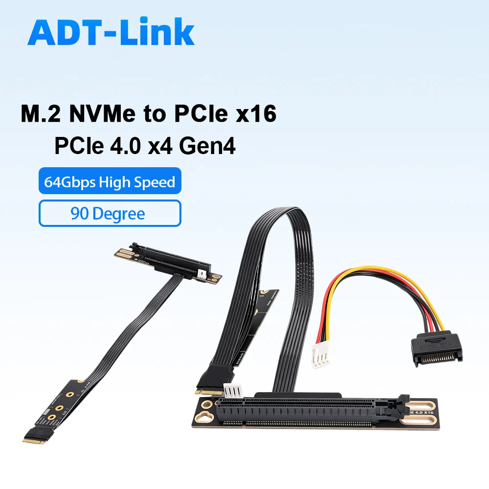 

M.2 NVMe to PCIe 4.0 x16 Riser Cable Gen4 64Gbps 90 Degree GPU Extender Adapter Gen3/Gen4 SATA Powered for GPU/SSD/Network