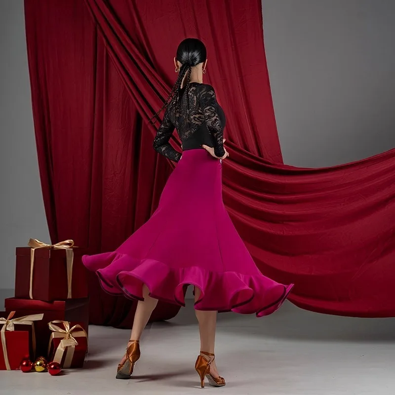 Юбка для латинских танцев Великобритании — женская юбка с воланами для бальных танцев с 3D-цветами по бокам и растяжками, элегантная стандартная танцевальная юбка на косточках