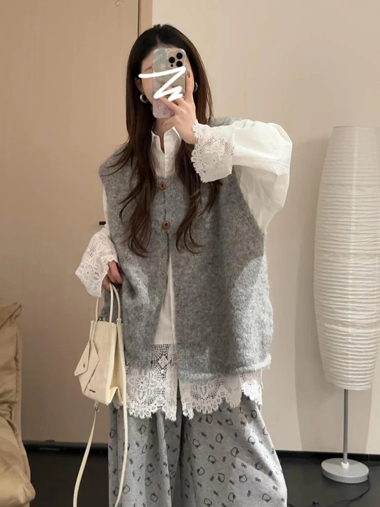 

Комплект из трех предметов: корейский модный кружевной топ, брюки и кардиган с длинным рукавом для женщин, весна-осень 2026, повседневная одежда