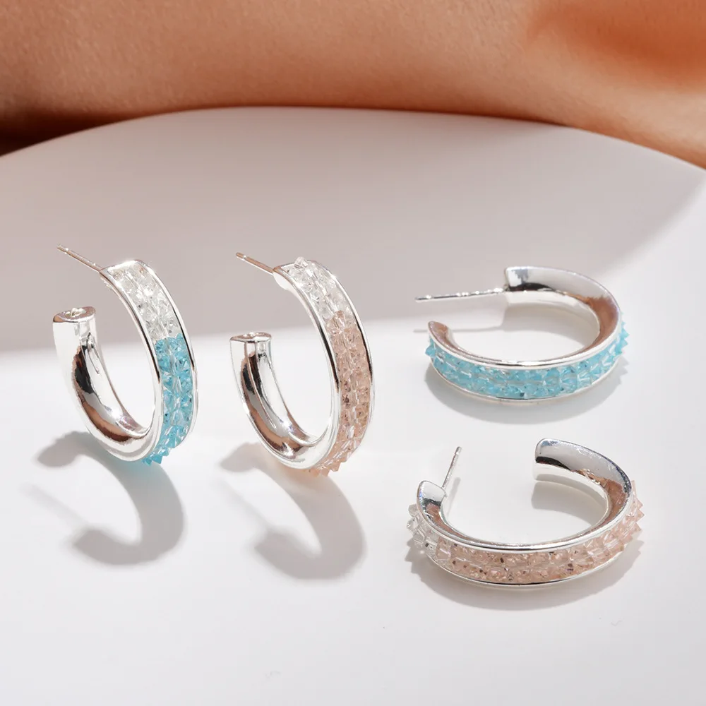 Korean spring and summer sweet C-shaped gradual change crystal stud earrings fairy style temperament niche design earrings earri