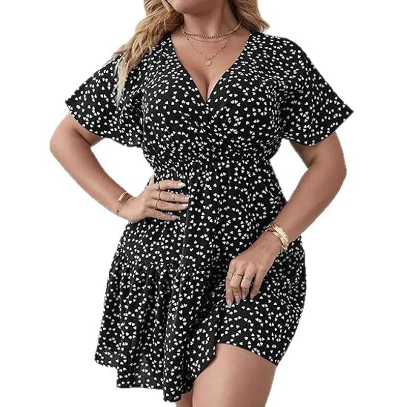 

Women V-Neck Short Sleeve Wrap Print Ruffle Dress Summer Beach Mini Dresses