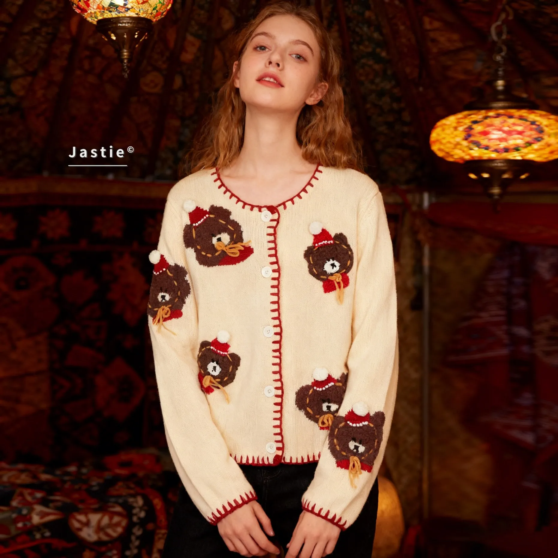 

Women's Beige Knit Cardigan 3D Santa Bear Embellishments Red Stitched Trim Button Front Cute Christmas Casual Oversized Sweater