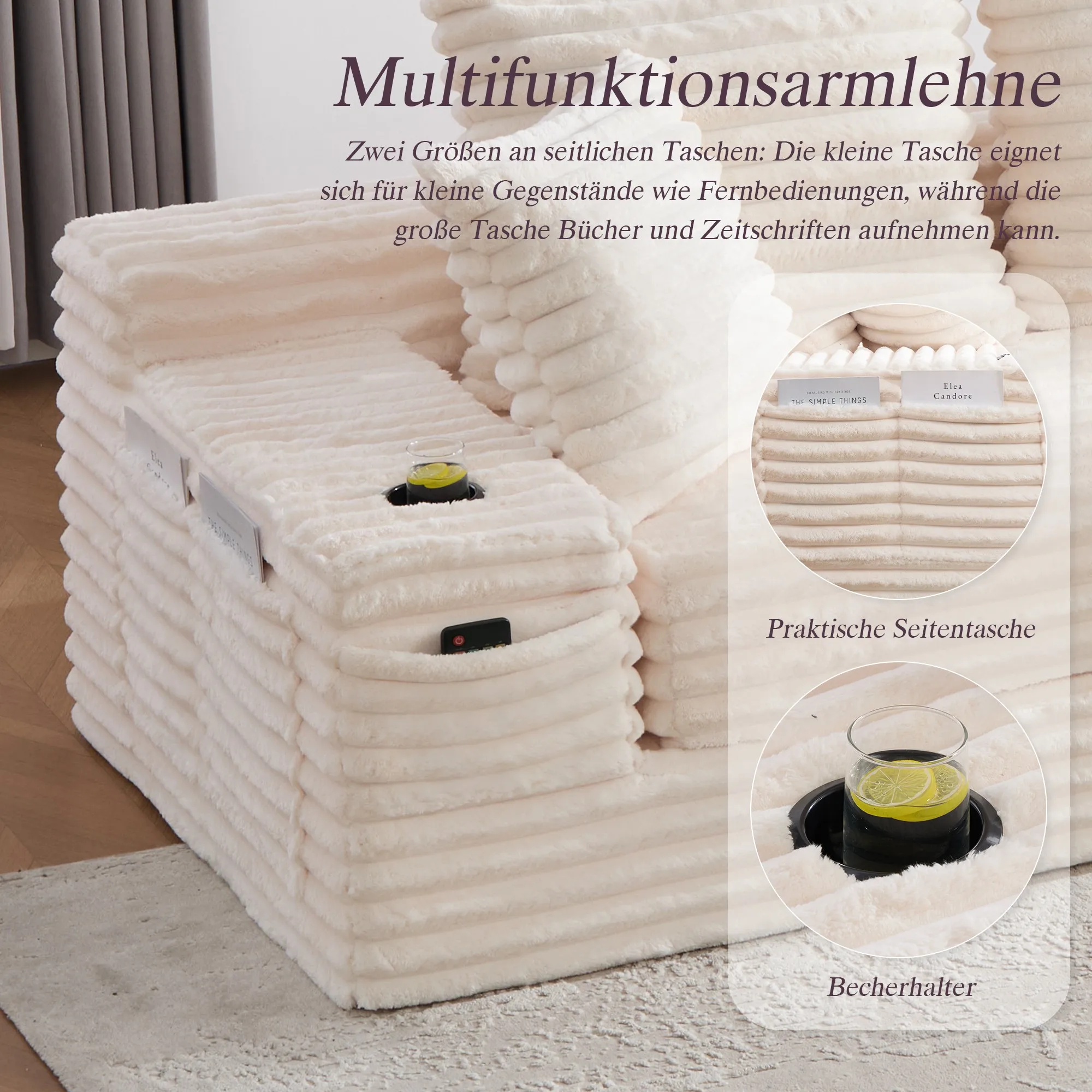 LVHOM 4-Sitzer Cordsofa mit Chaiselongue, Kissenrücken, Eckigen Armlehnen, Getränkehaltern & Seitentaschen für Wohnzimmer – Detail 10