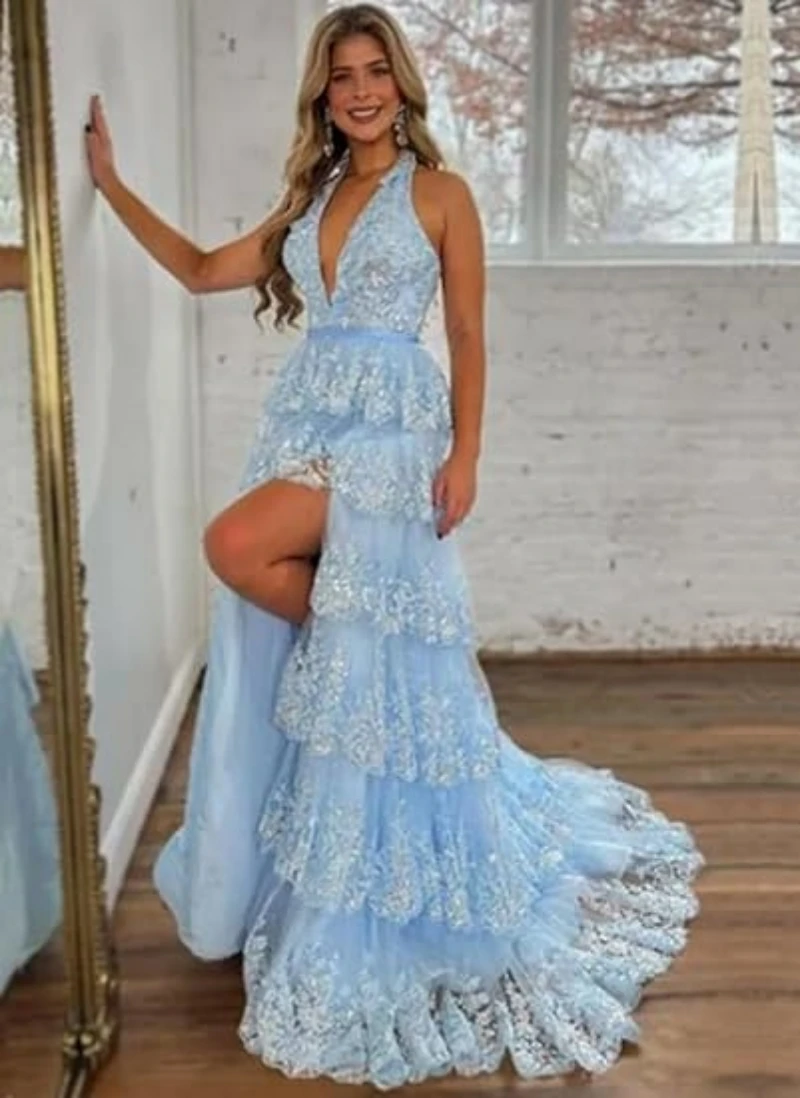 

Women's Sparkly Tiered Lace Prom Dresses Long Ball Gowns Halter Formal Evening Gown with Slit