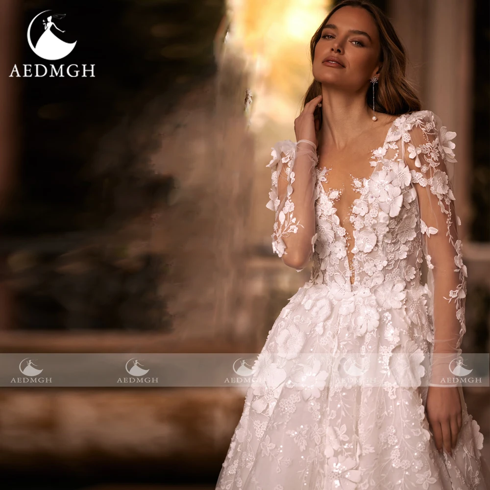 Aedmgh-vestidos De Novia románticos acampanados, Vestido De manga larga con cuello en V, apliques De flores en 3D, glamuroso, 2024