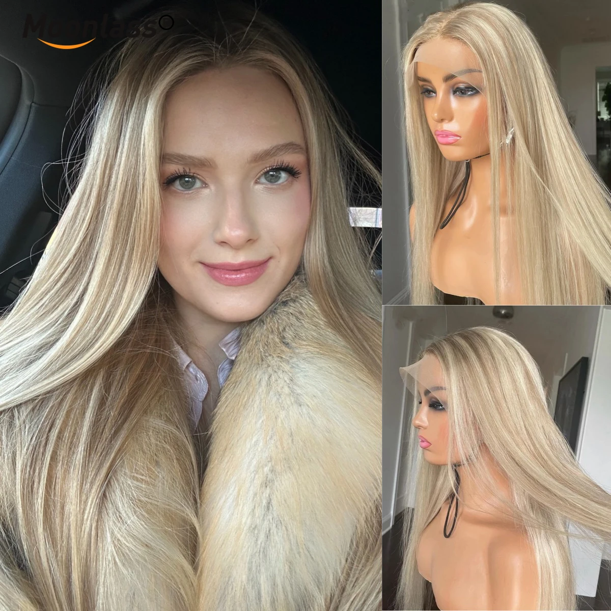 Peluca de Cabello Virgen 100% Moonlass 210 Density Highlight Twilight Champagne, Estilo Liso y Elegante, con Encaje 13x4, Color Nude, Tipo Bob