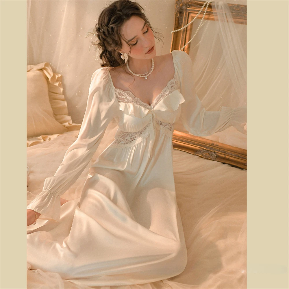 

Palace Style Nightgown Women Rayon Home Dressing Gown Long Sleeve Nightwear Sexy Lace Ruffle Nightdress Sleepwear Loungewear