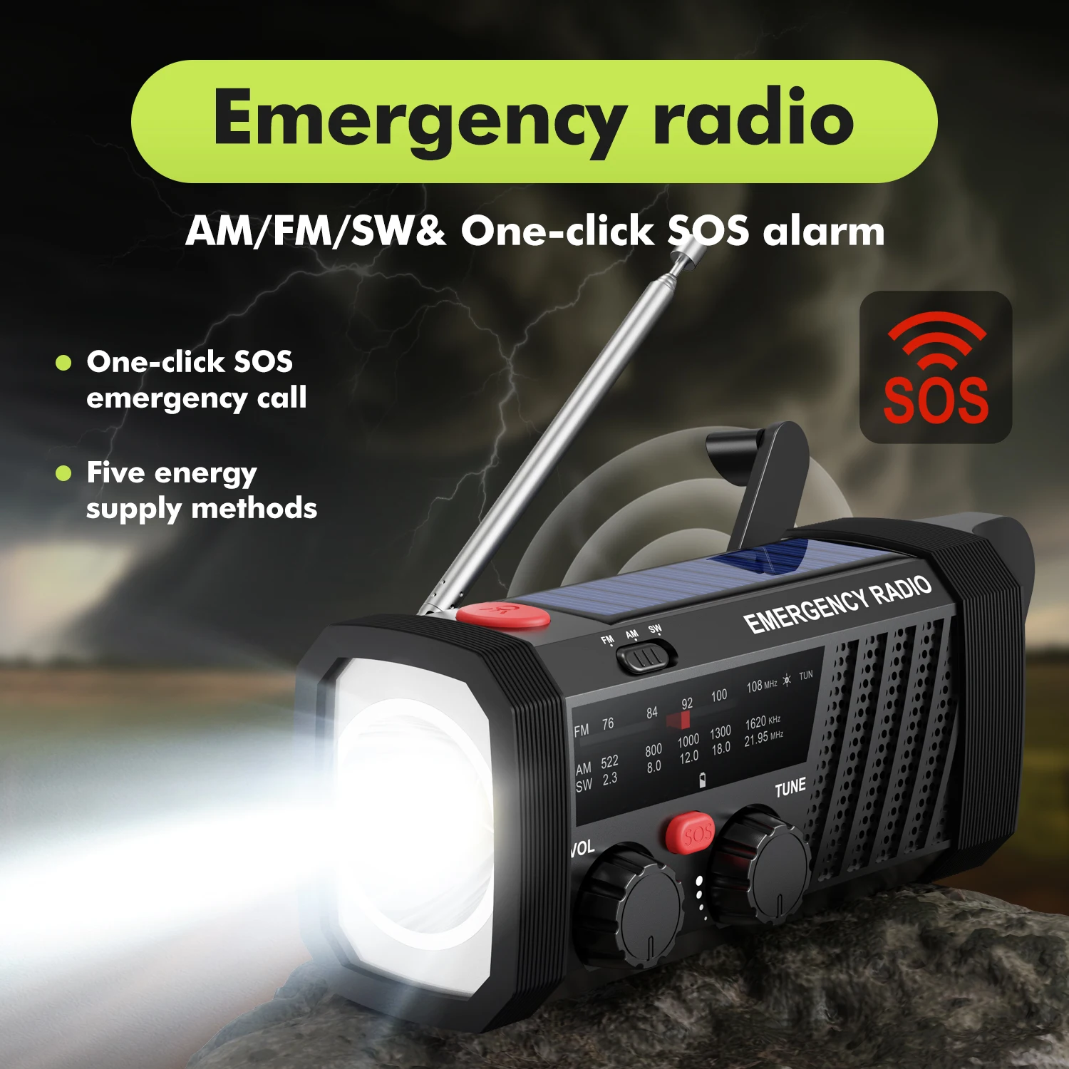 Radio de Emergencia con Alarma SOS, AM/FM/SW y Linterna. Batería de 2000 mAh y Carga Solar/Manual para Supervivencia al Aire Libre.
