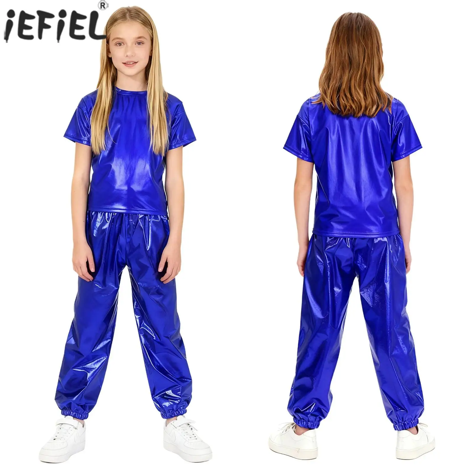 Kids Girls Boys Hip Hop Jazz Street Dance Outfit Short Sleeve Metallic Shiny T-shirt with Pants for Music Festival Performance