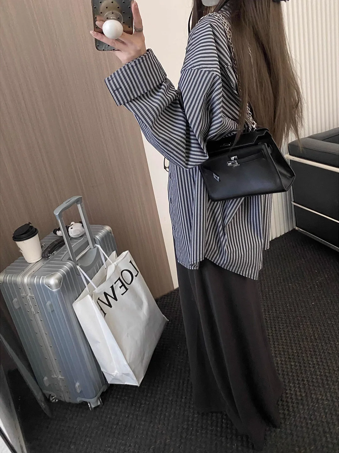 

Retro Korean Style Women's Neck Striped Thin Shirt Summer Loose Casual Sun Protection Outerwear Long Sleeve Polyester