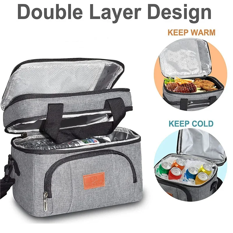 Insulated Double-Layer Tote Cooler Bag - Large Capacity Lunch Box Women/Men, Leakproof Picnic & School Bag with Adjustable Strap
