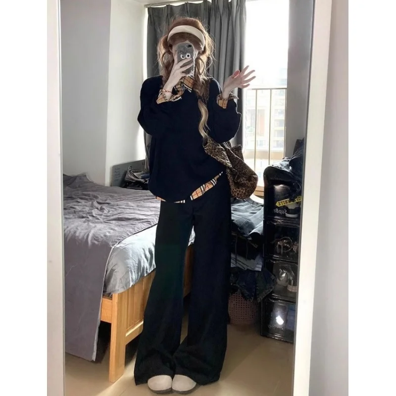 

Black Plaid Splice V-neck Sweatshirt Women's Spring Autumn Winter New Popular Design Sense Fake Two-Piece Small Audience Top