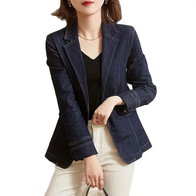 

Suit Collar Denim Jacket Ladies Spring Autumn Single Button Slim Short Coat Cowboy Blazer Casual Women Long Sleeve Jean Outwear