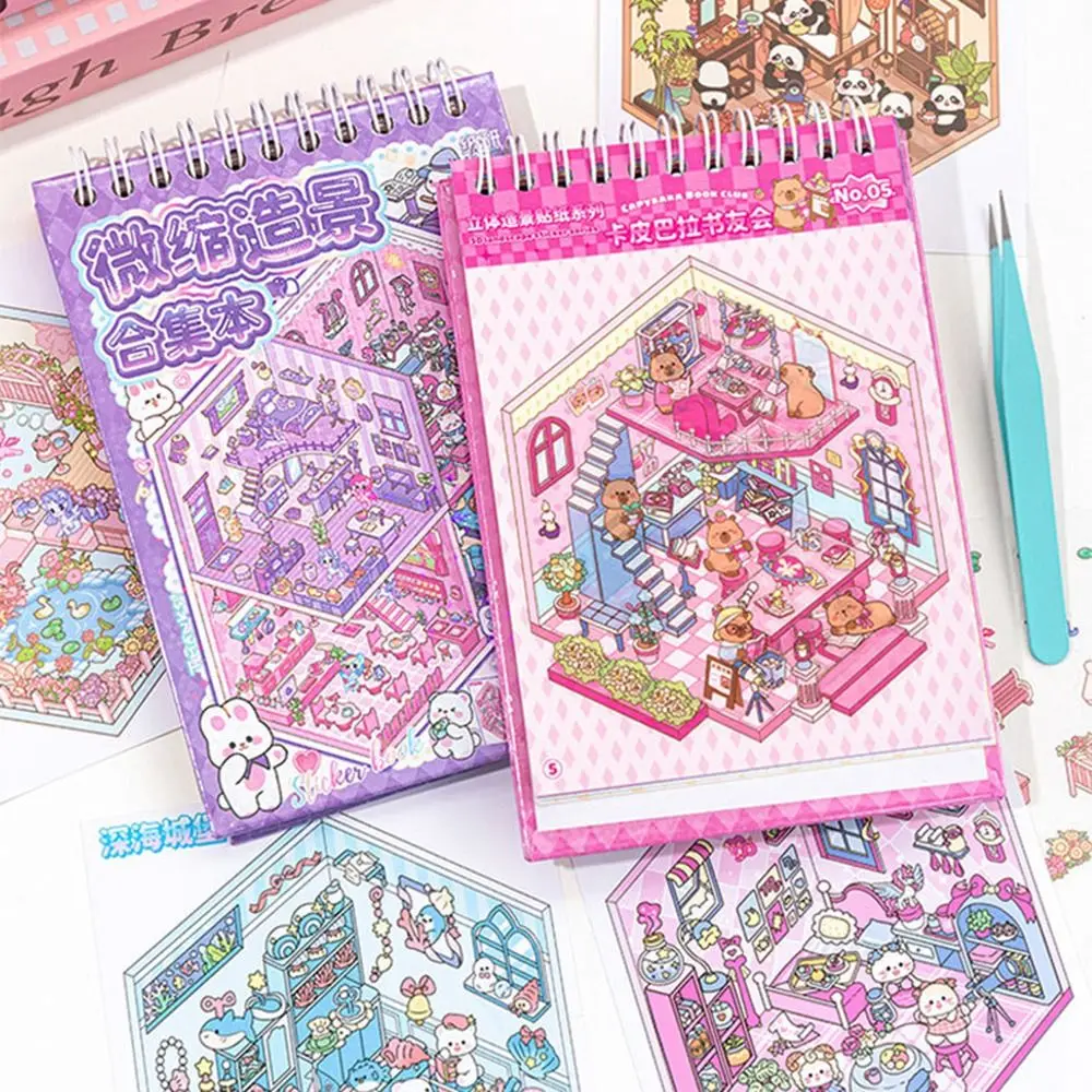 

10 в 1, книга с наклейками для пейзажа, мультяшная капибара, 3D наклейки, набор сцен, устойчивые к разрыву, милые декоративные наклейки для сцены кабины