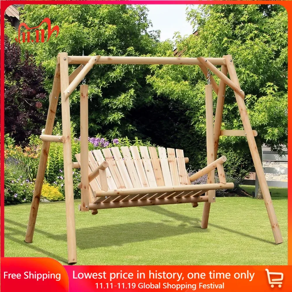 2-Seat Outdoor Swings with Stand, Wooden Patio Swing Chair Bench, for Garden, Poolside, Backyard, Outdoor Swings