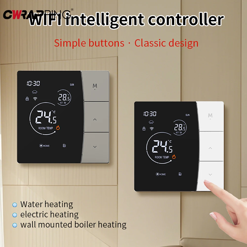 Controlador de termostato WiFi inteligente para calefacción de suelo de agua con retroiluminación, bloqueo infantil, batería con cable, herramientas de controlador de uso doméstico