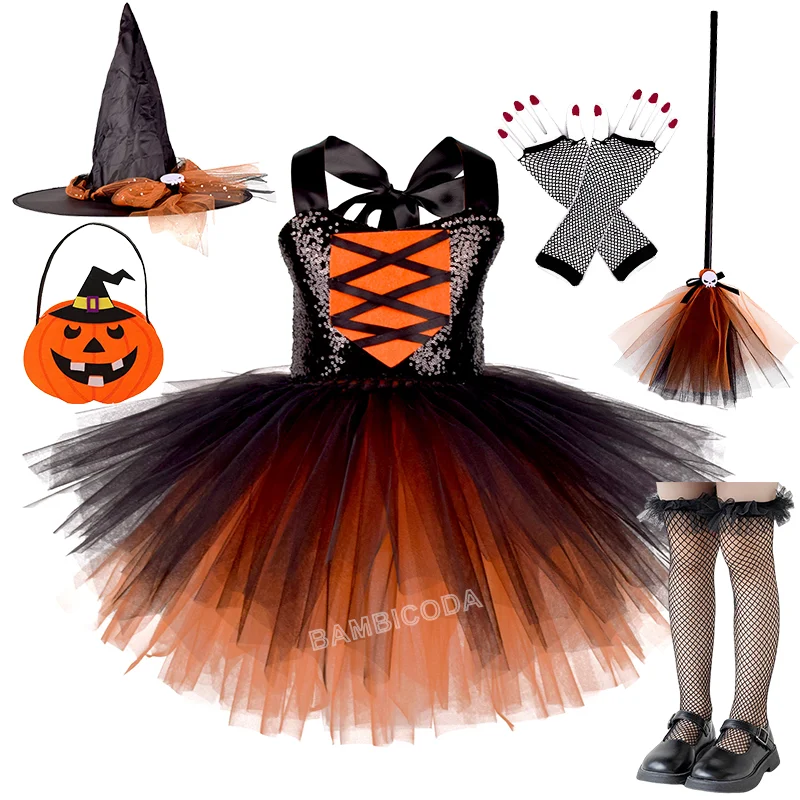 

Girls Witch Costume Children Carnival Vestidos Party Infant Witch Fancy Dress Clothing Set Bag Hat Halloween Cosplay