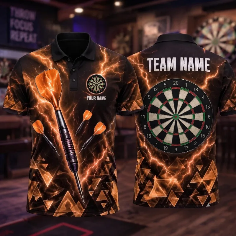 Men's Custom Darts Polo Shirt Lightning Dartboard Print Short Sleeve Personalized Name Team Uniform