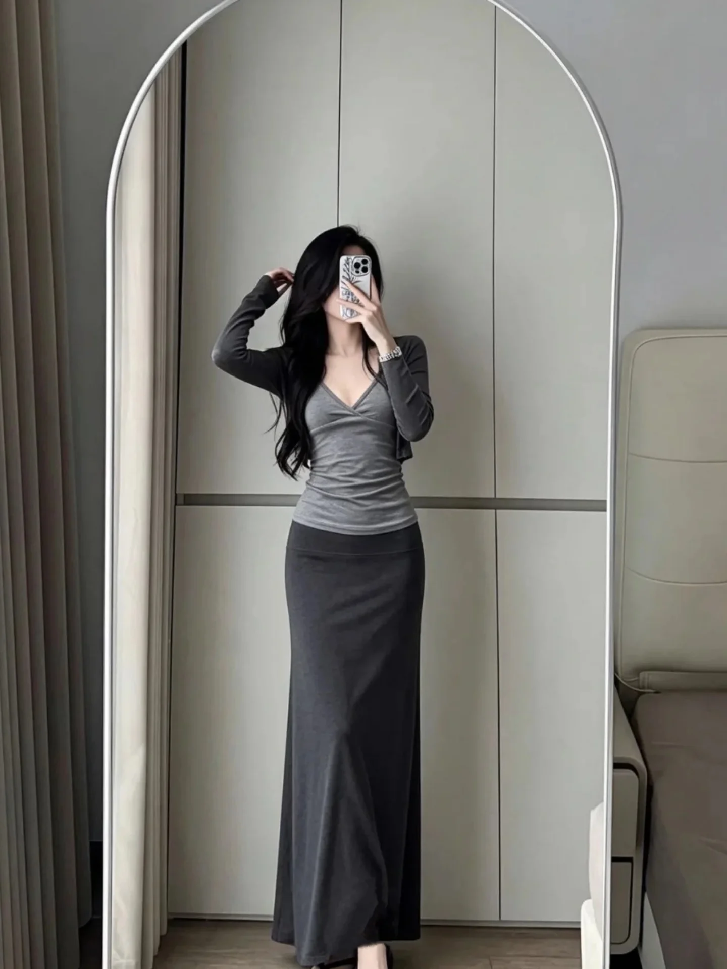 Slimming Long Sleeve Open Cardigan Top Women's Fashion Set Autumn New Design Sense Camisole Vest Two-Piece Set Pure Desirable...
