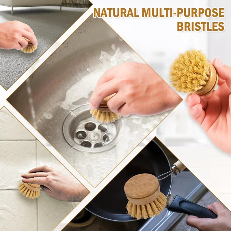 6Pcs Bamboo Dish Brush Head Natural Washing Brush Head Eco-Friendly Washing Up Brush Replacement