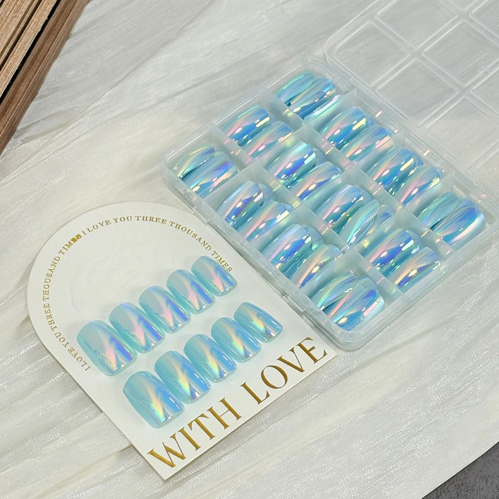 144Pcs Holographic Blue Chrome Press On Nails Iridescent Plating Medium Square Fake Nail for Women Daily Party False Nail Tips D view 5