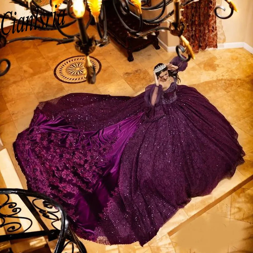 Luxo roxo Quinceanera Vestidos, Princesa Apliques, Flores, Vestido de festa, 15 Festa, 2023