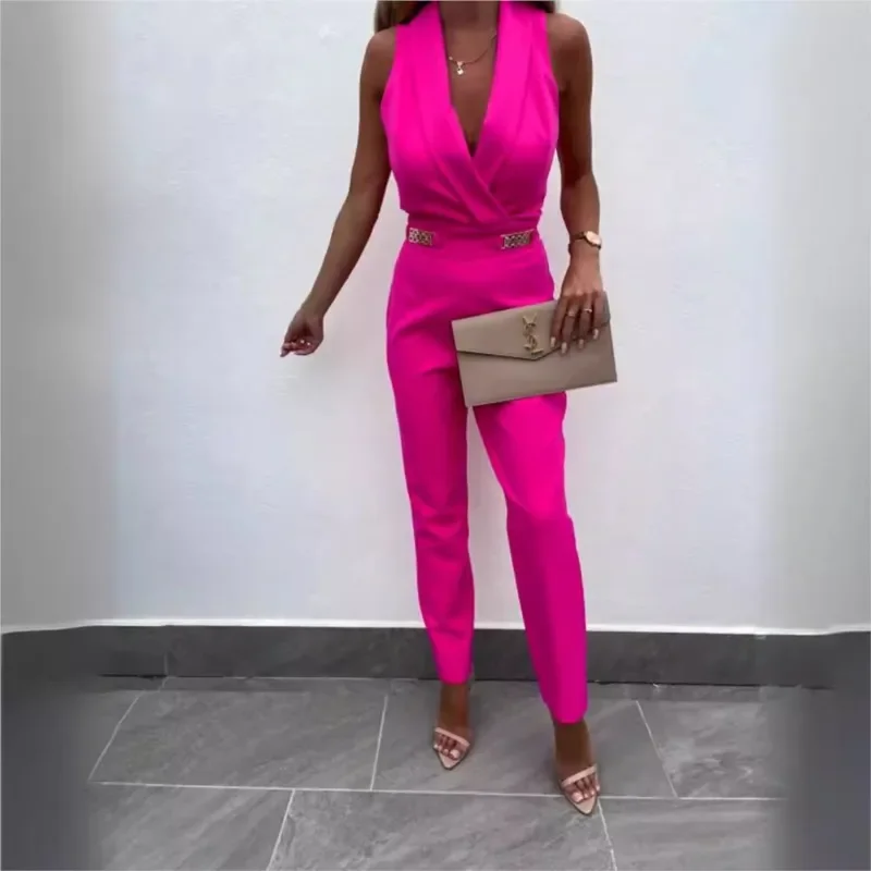 女性の夏のジャンプスーツ背中の開いた V ネック固体ジッパーオフショルダーノースリーブオーバーオールポケット付きカジュアルスリムロングロンパース女性