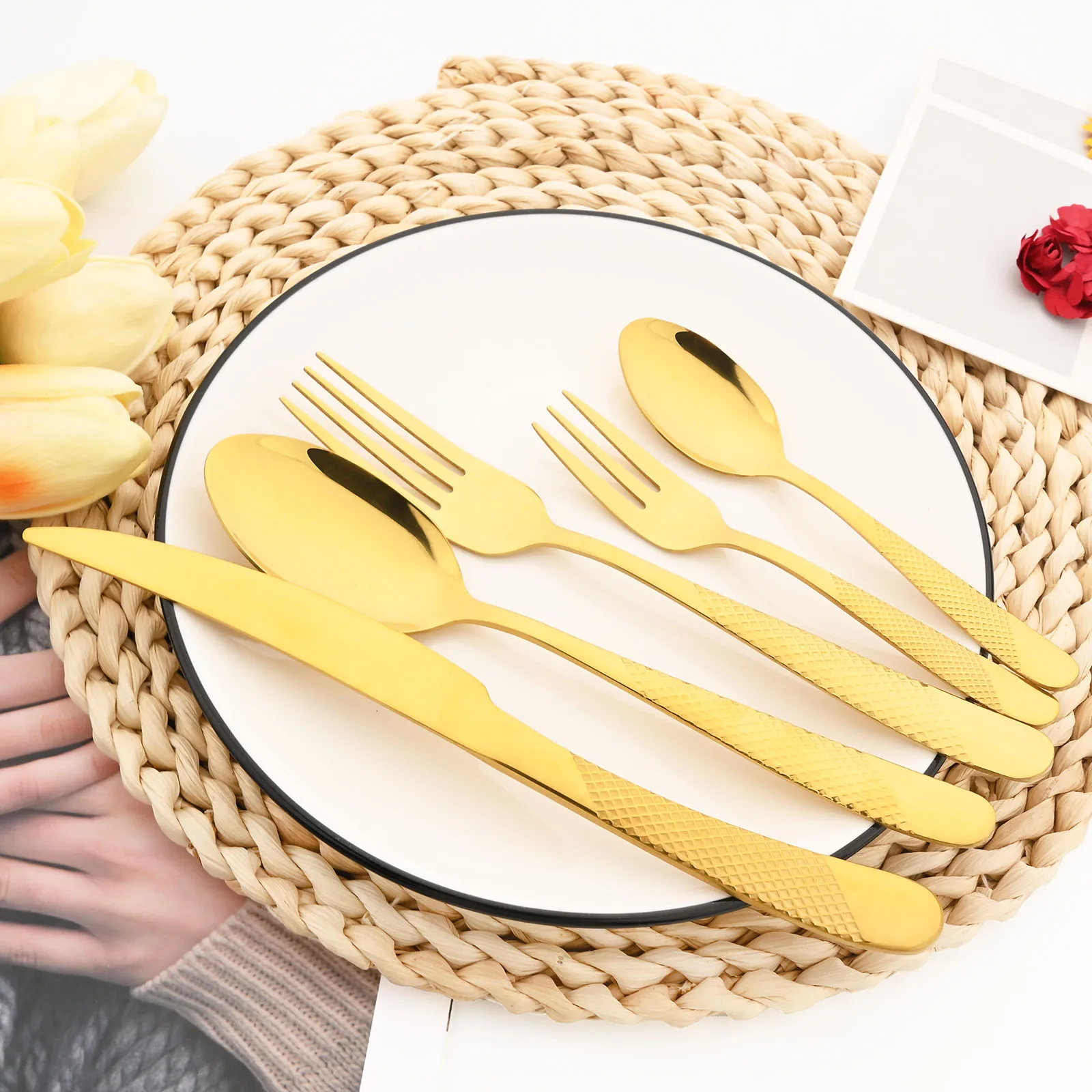 Drmfiy 6/30Pcs Gold Tableware Set Stainless Steel Dinnerware Set Knife Fork Tea Spoon Flatware Mirror Kitchen Home Cutlery Set