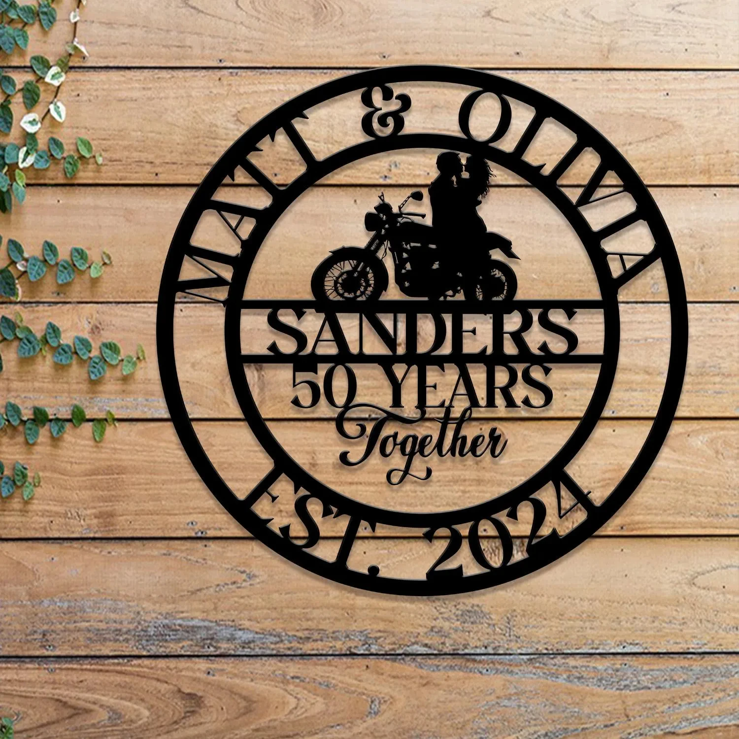 Papan Logam Kustom 50 Tahun Bersama Pasangan Pengendara Motor, Seni Dinding Pengendara Motor yang Dipersonalisasi, Hadiah Ulang Tahun Pernikahan atau Pernikahan