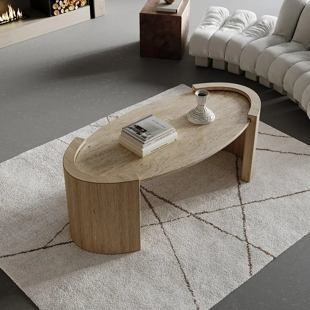 

43" Oval Travertine Stone Top Coffee Table – Double Pedestal Oval Coffee Table with Natural Beige Stone Surface
