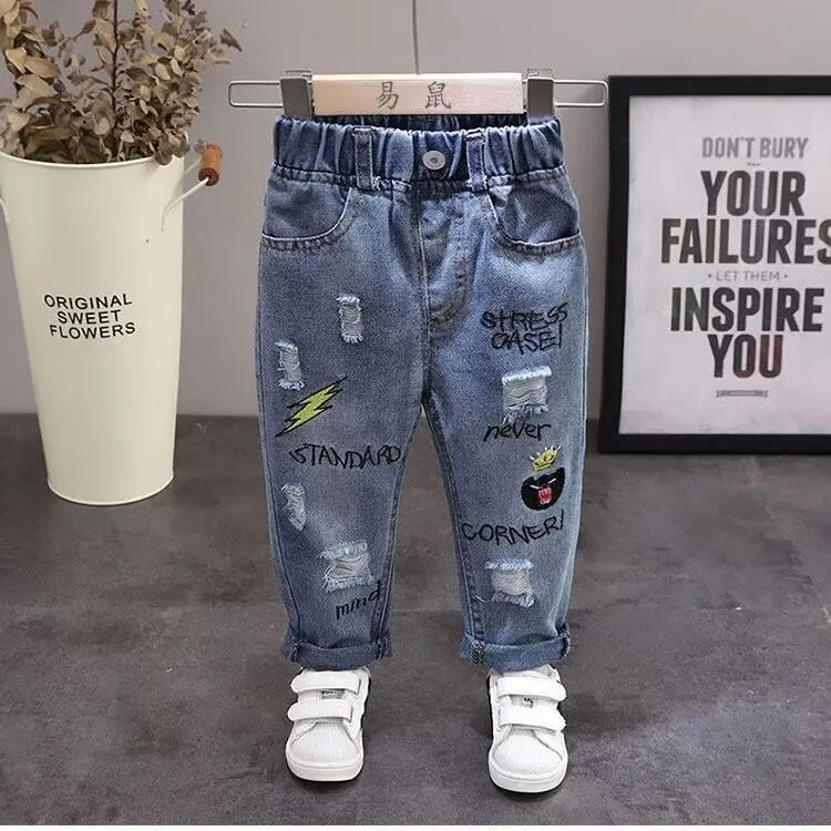 spring autumn Children Jeans Denim Ripped  Pants Boys Girls Jean Clothing Cotton trousers