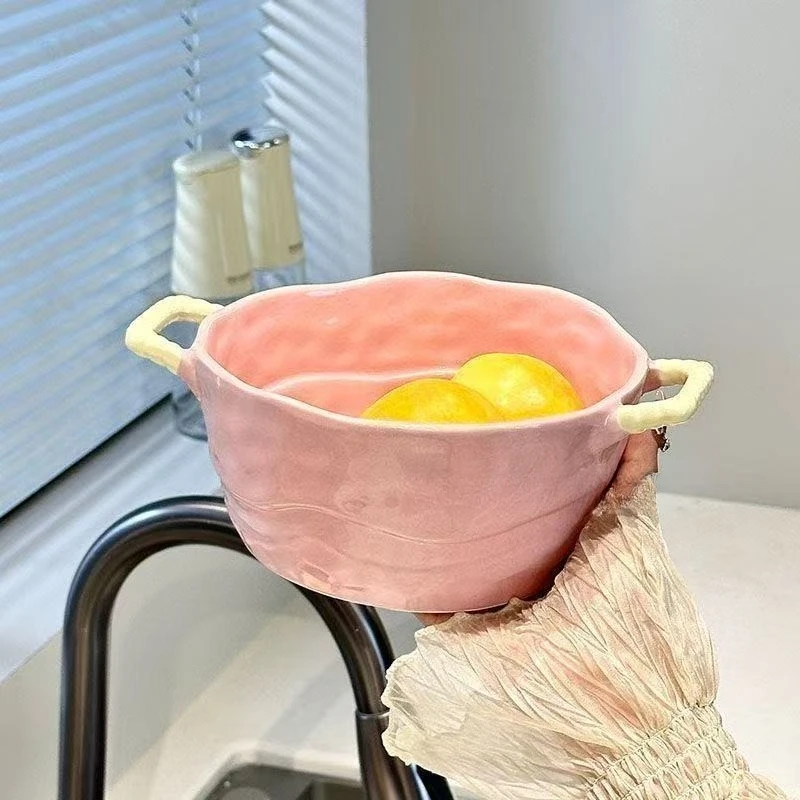 

Double Ear Ceramic Soup Bowl Household Large Capacity Fruit Salad Bowl Instant Noodle Bowl