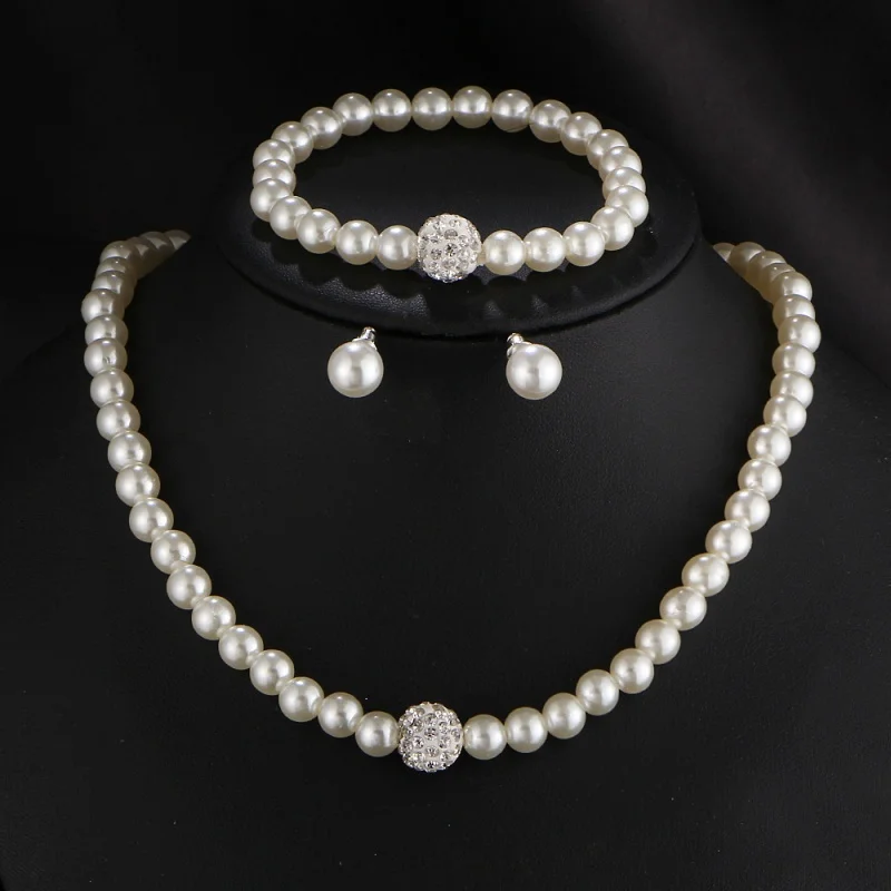 Pearl Crystal Necklace Bracelet Earring Set 3pcs Classic Trendy Imitation for Women Luxury Wedding Bride Korea Set Jewelry Gifts