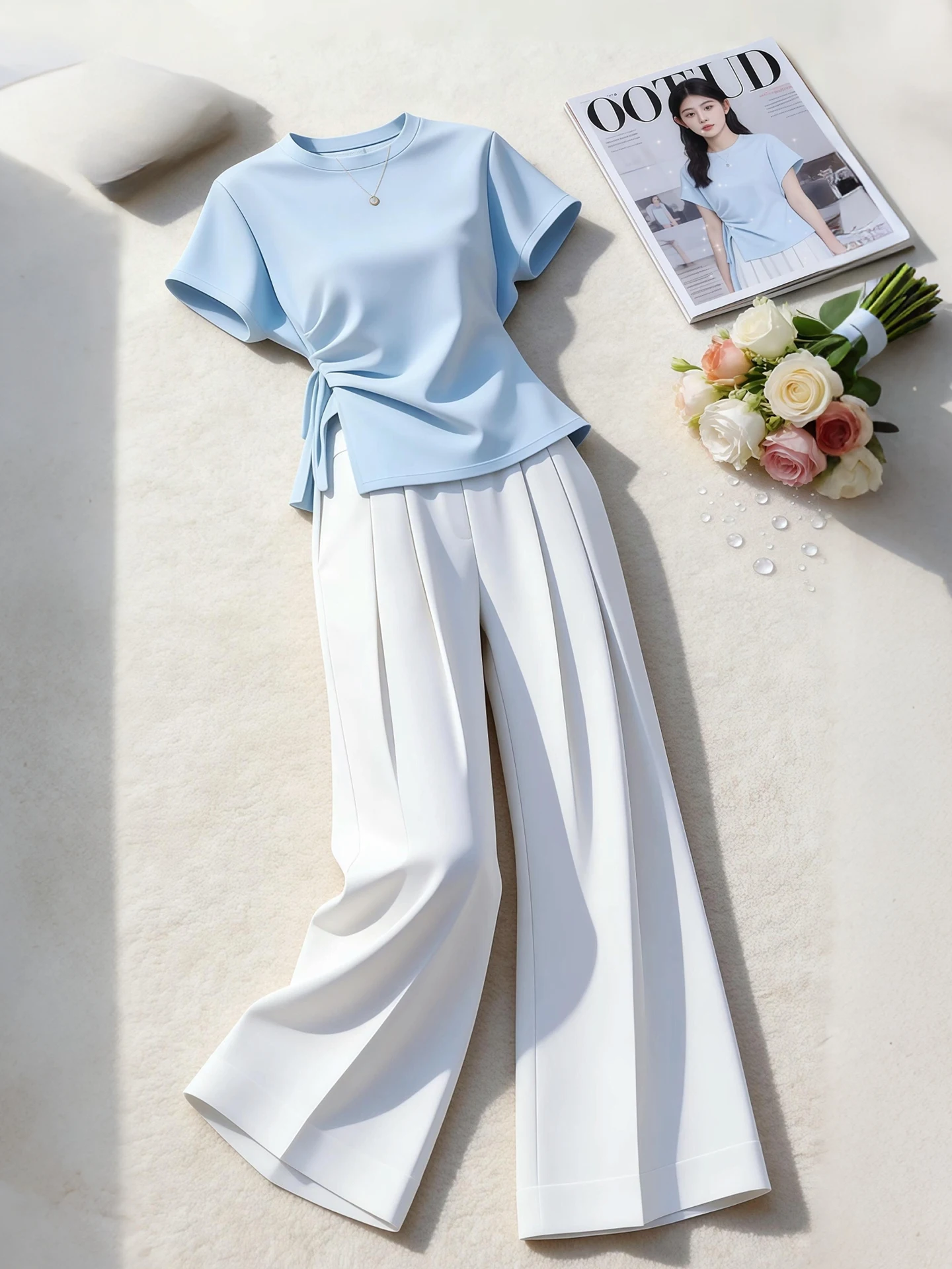 

Casual Loose Wide Leg Pants Set Short Sleeve T-Shirt Asymmetrical Hem Simple Fashion Women's Summer Outfit Two-Piece Suit