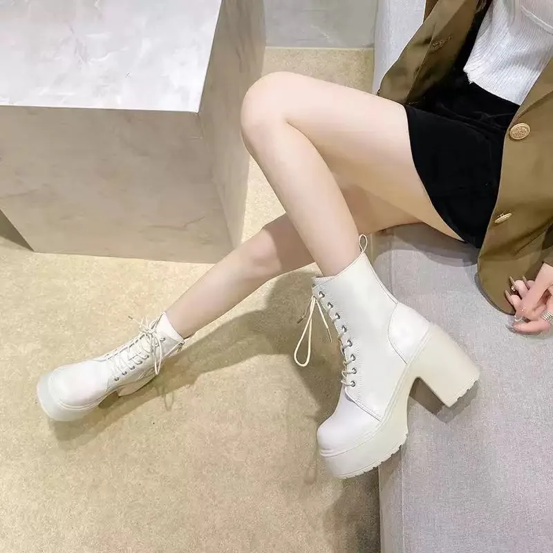 Round Toe High-heeled Boots for Women, New Thick Soled and Thick Heeled Short Boots, Fashionable Retro Soft Leather Boots