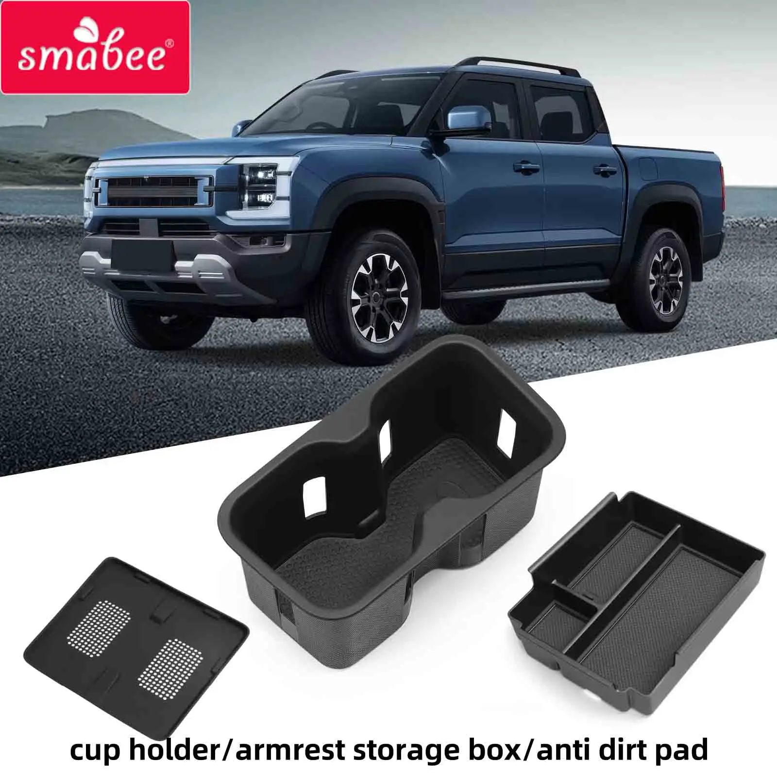 Smabee para BYD Shark 6 2024-2026: Caixa de Armazenamento para Apoio de Braço/Suporte para Copos/Carregador Sem Fio com Tapete Antiderrapante - Acessório Organizador Automotivo