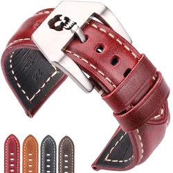 Handmade Cowhide Watchbands 22mm 24mm 26mm Brown Blue Green Red Leather Watch Strap Belt Stainless Steel Skull Hollow Buckle