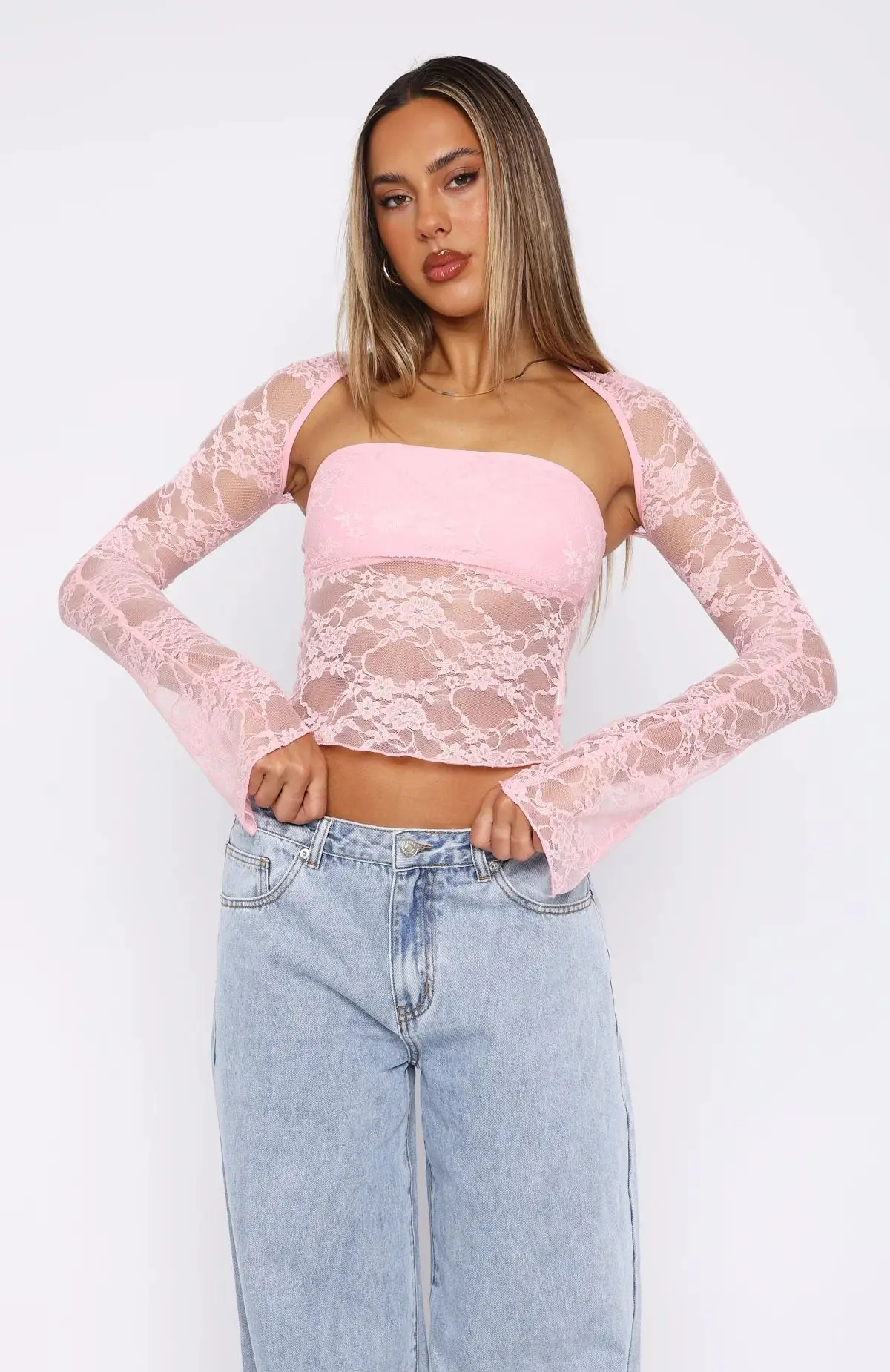 Women\'s Tops T-Shirt Autumn New Style Sexy Slim Low-Cut Lace Backless Hollow-Out Midriff-Baring See-Through Long-Sleeve Shawl Chest Wrap Set