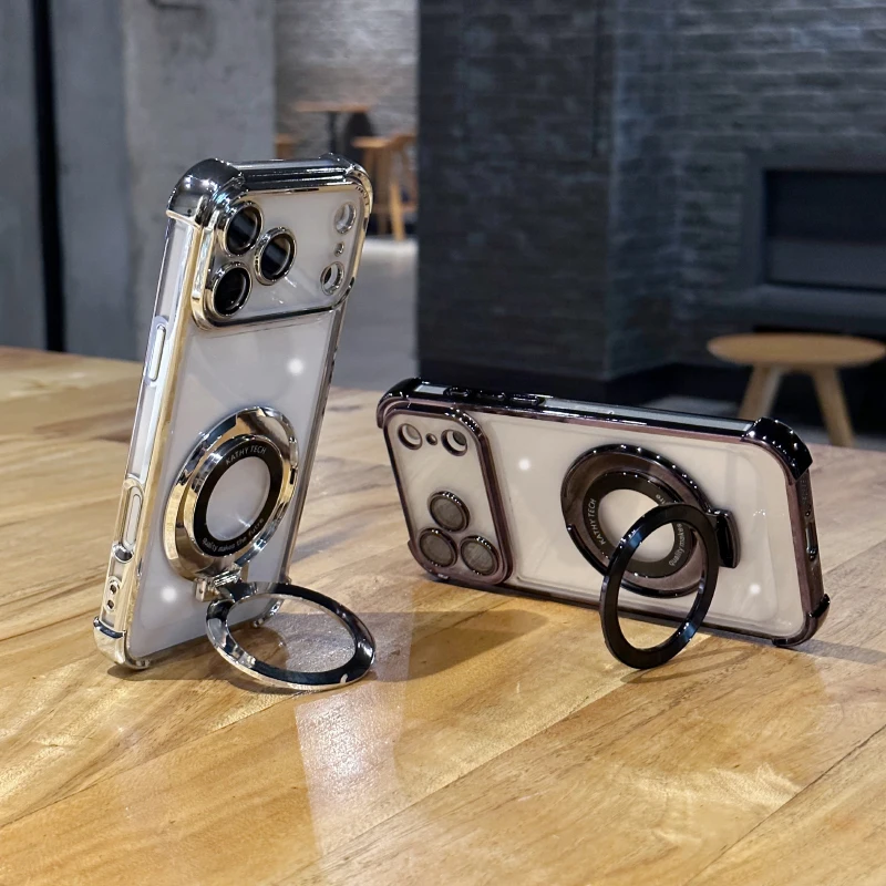 Luxury Plating Border Four Corner Anti Drop Bracket Ring  Phone Case For iPhone 17 Pro Max Air HD Transparent Bumper Back Cover