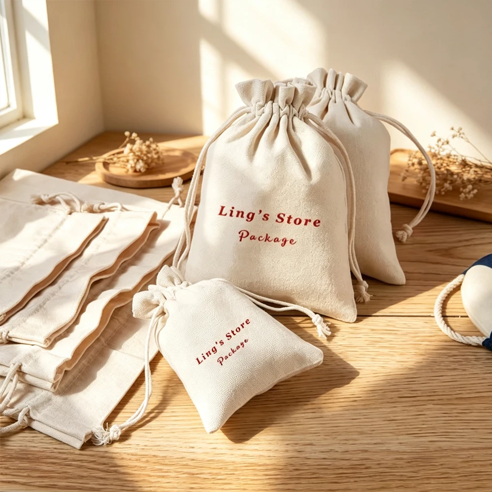 

50pcs Custom Logo Jewelry Cotton Drawstring Fungus Open Style Bag Jute Linen Burlap Sack Muslin Gift Cosmetic Organizer Pocket