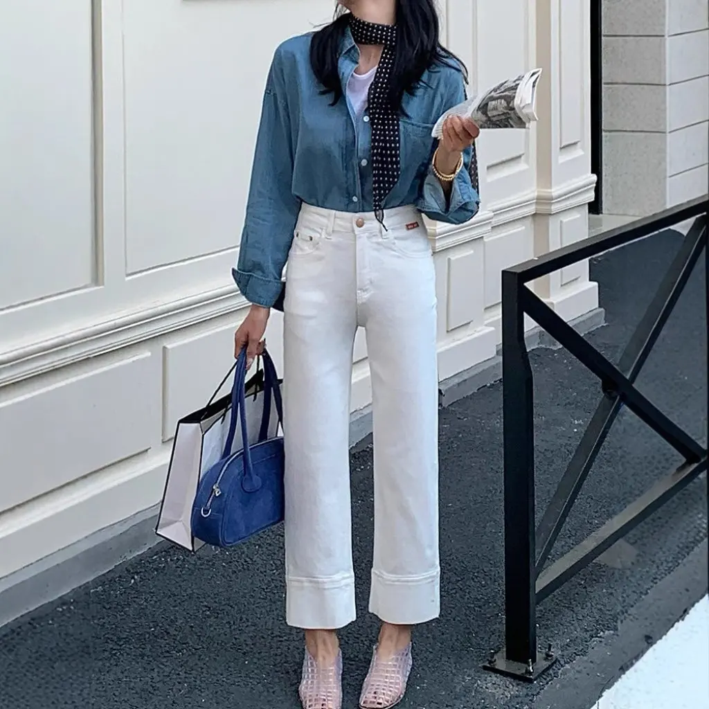 

Women's White Straight Nine-Point Jeans High-Waist Slimming Elastic Cigarette Pipe Baguette Pants Versatile Fashion